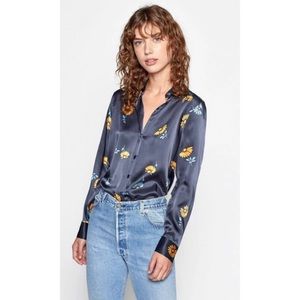 Equipment Essential Floral Silk Satin Button Down Shirt Blue Size Small